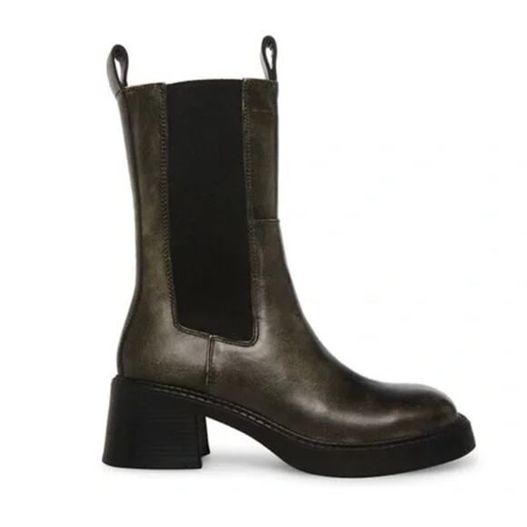 Steve Madden Maren Leather Mid-Calf Chelsea Boots Block Low Heel Dark Gray - Picture 1 of 8